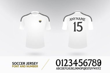 Futbol tişörtü yazı tipi ve forma numarası seti. Futbol kulübü için futbol forması logo şablonu. Beyaz renk, öndeki ve arkadaki gömlek. Vektör İllüstrasyonu