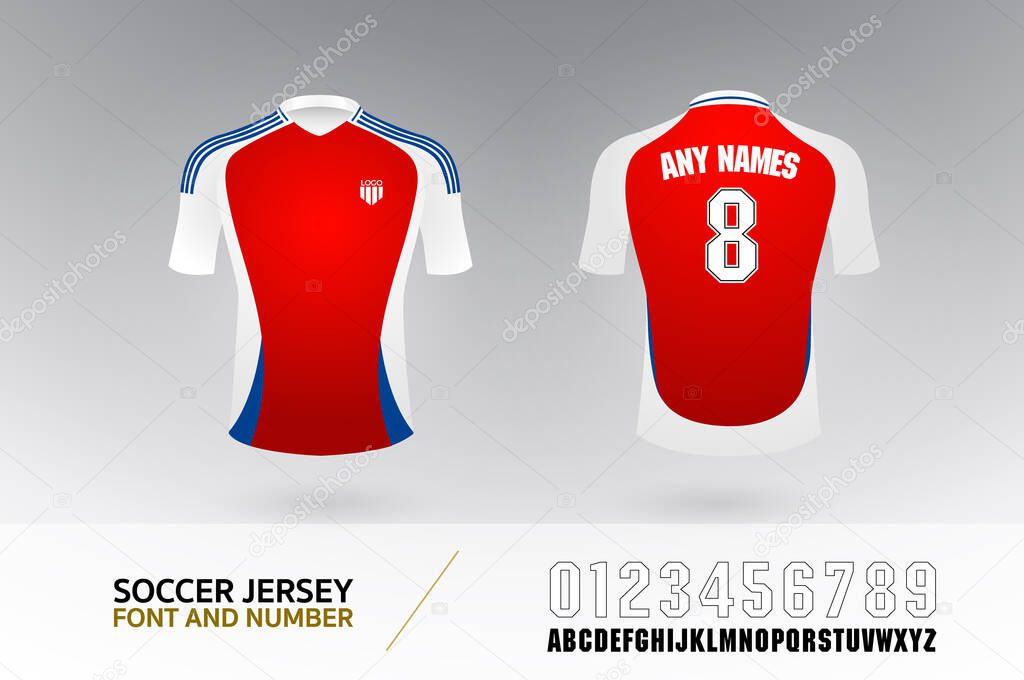 Soccer t-shirt font and number uniform kit set. football jersey logo template for football club. red blue white color, front and back view shirt mock up. Vector Illustration