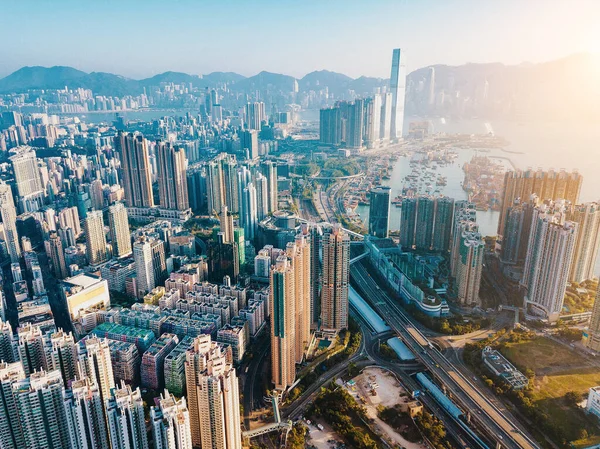 Top View Aerial Photo Flying Drone Developed Hong Kong City — Stock Photo, Image