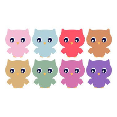 Cute Colorful Spring Owls Set isolated on White
