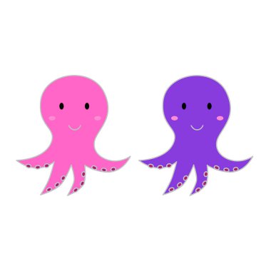 Cute Pink Purple Octopuses Set isolated on White Vector