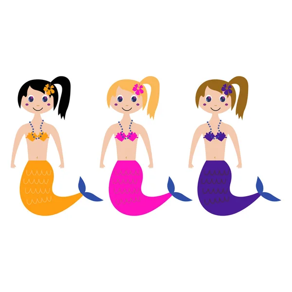 Cute Vector Mermaids Set Isolated White — Stock Vector