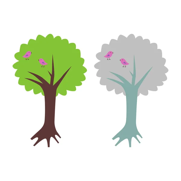 Frühlingsbaum Mit Niedlichen Vögeln Vektor Illustration — Stockvektor