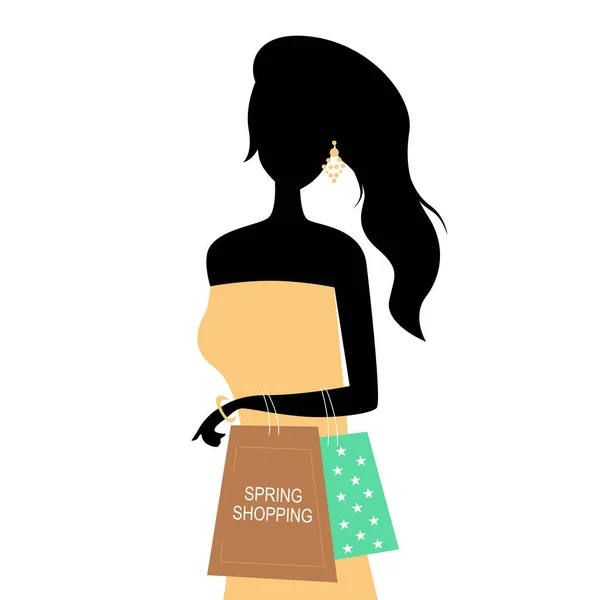 春のショッピング女性シルエットベクトルイラスト — ストックベクタ
