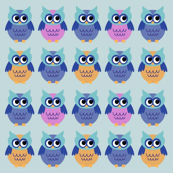 Cute Colorful Owls Blue Pattern Texture Background — Stock Vector
