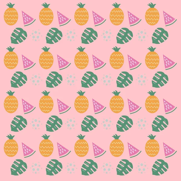 Exotika Pineapple Watermelon Monstera Leaves Pattern Texture Bakgrund — Stock vektor