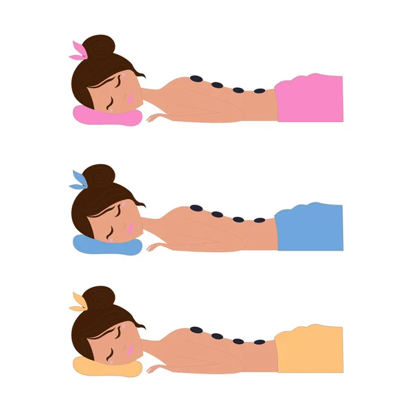 Mulher Variantes Cor Recebendo Hot Stones Massagem Vector Ilustração Isolada — Vetor de Stock