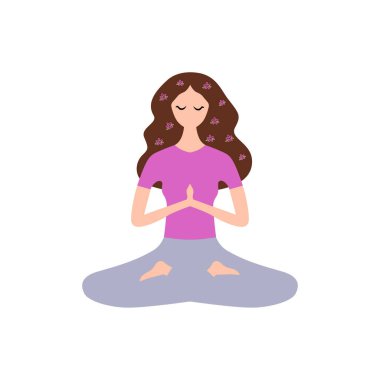 Yoga yapan kadın Asana ve saç vektörü resimli çiçekler beyaza izole edilmiş.
