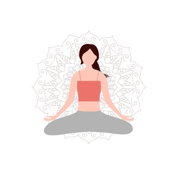Donna Posa Base Che Yoga Asana Con Mandala Dietro Illustrazione — Vettoriale Stock