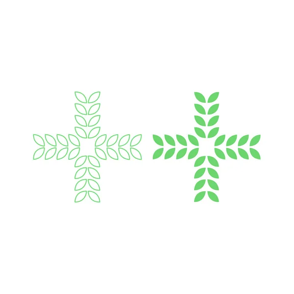 Logo Símbolo Cruz Médica Hojas Verdes Aislado Blanco — Archivo Imágenes Vectoriales