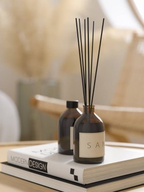Japandi 'nin içinde siyah çubuklu Aroma cam dağıtıcı. 3 boyutlu.