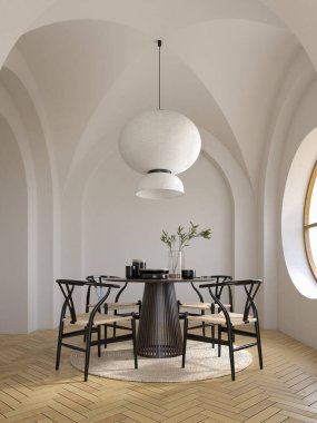 Kavramsal iç oda. Tavan kemerli 3 boyutlu illüstrasyon.