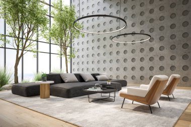 Modern tarz kavramsal iç mekan 3 boyutlu illüstrasyon