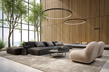 Modern tarz kavramsal iç mekan 3 boyutlu illüstrasyon