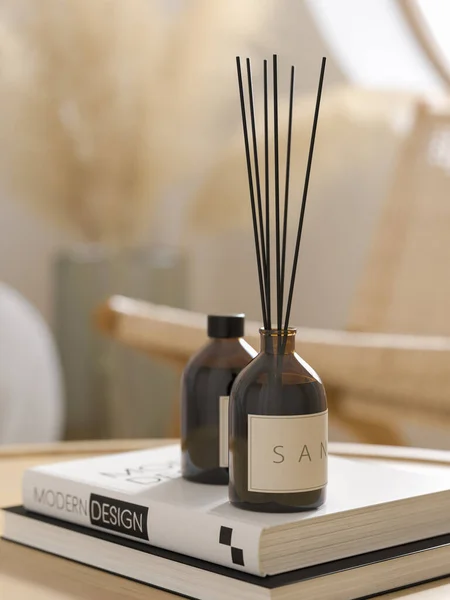 Aroma Glass Diffuser Black Sticks Japandi Interior Rendering — Stock Photo, Image