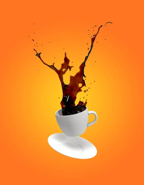 Taza Café Cayendo Sobre Fondo Naranja Ilustración —  Fotos de Stock