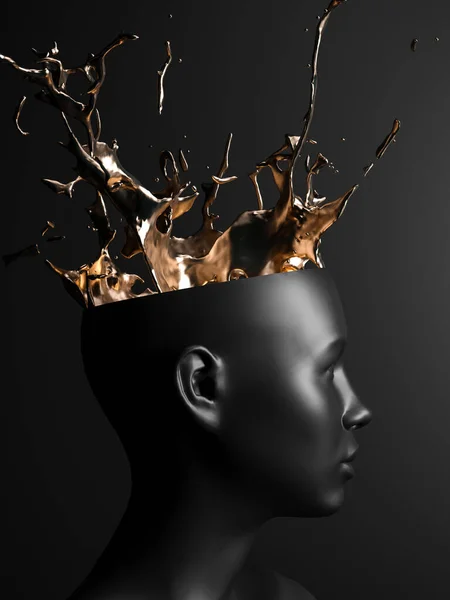 头上有金色的水花和斑斑的黑色背景 3D渲染 — 图库照片