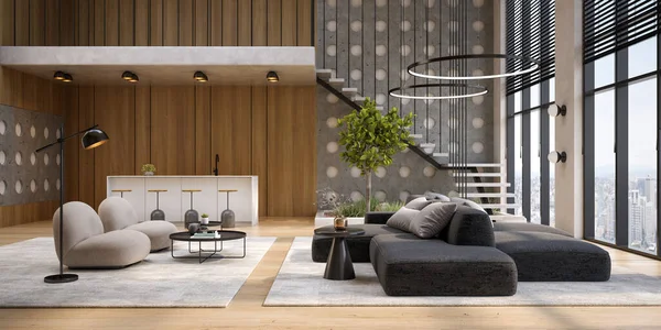 Estilo Moderno Conceptual Interior Habitación Amplia Vista Ilustración — Foto de Stock