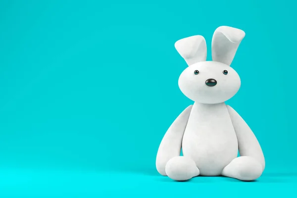 白いおもちゃウサギ上の青の背景3 Dイラスト — ストック写真