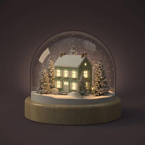 Різдвяний Сніговий Глобус Білому Будинком Деревом Всередині Ілюстрації Ліцензійні Стокові Фото