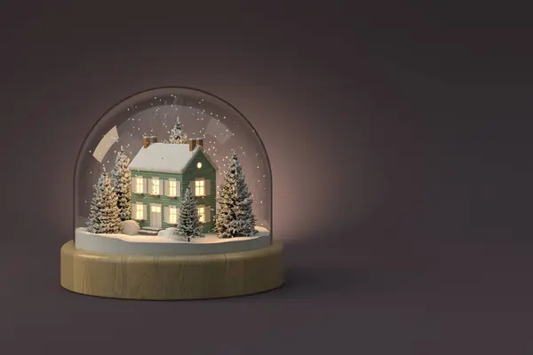 Christmas snow globe on white with house and tree inside 3 D illustration