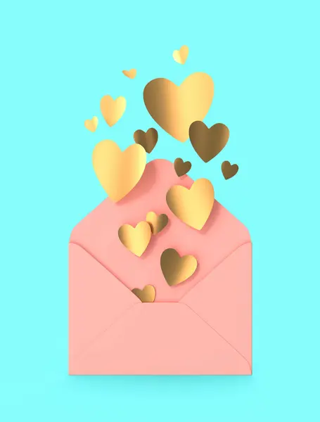 Envelope Rosa Com Coração Ouro Para Dia Valentin Fundo Azul — Fotografia de Stock