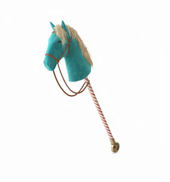 白い背景に木の棒が付いているプッシュ趣味の馬のおもちゃ ストック写真