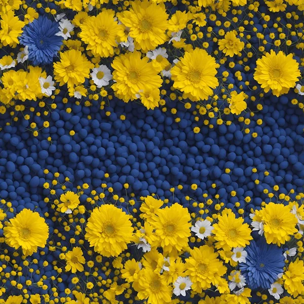 青い背景に多色のデイジーのシームレスなパターン ウクライナ風 — ストック写真