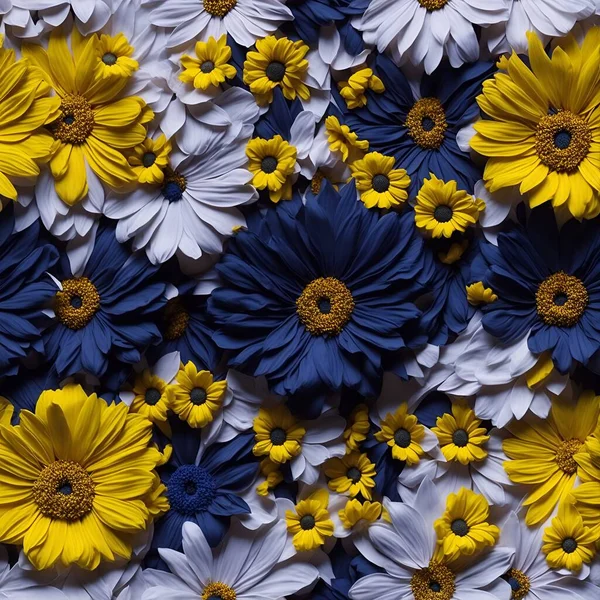 花と花弁が青と黄色の花の背景 ウクライナのスタイル スウェーデン ロイヤリティフリーのストック画像
