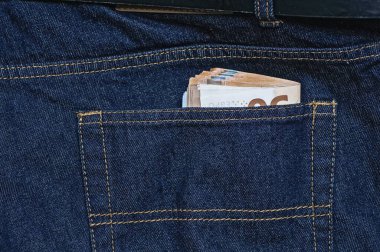 Banknotlar kot pantolonun arka cebinde. Para biriktirme konsepti. Fotoğrafa yakın çekim. İş geçmişi