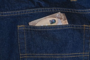 Banknotlar kot pantolonun arka cebinde. Para biriktirme konsepti. Fotoğrafa yakın çekim. İş geçmişi