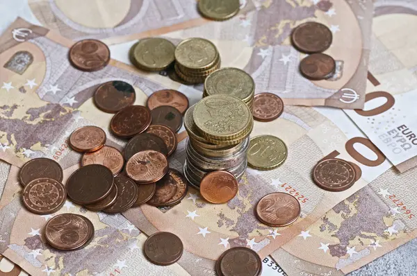 Euromynt Och Eurosedlar Som Bakgrund Närbild Euro Mynt Pengar Eur — Stockfoto