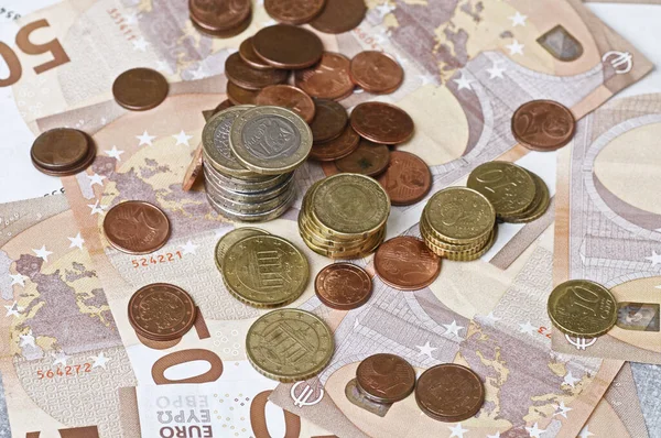 Moedas Notas Euro Como Fundo Close Moedas Euros Eur Moeda — Fotografia de Stock