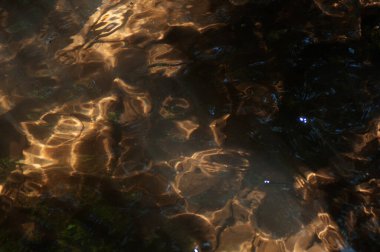 Geceleri ormanda akan su gibi. Soyut arkaplan ve doku. Nehirdeki suyun yüzeyine yansıyan güneş ışığı..