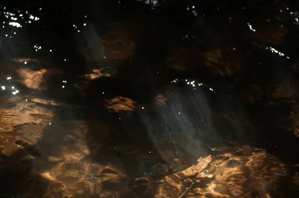 Ночью Лесу Течет Вода Абстрактный Фон Текстура Отражение Солнечного Света — стоковое фото