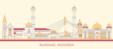 Endonezya 'nın Bandung şehrinin çizgi filmi Skyline panoraması - vektör illüstrasyonu