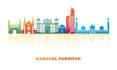 Pakistan 'ın Karaçi şehrinin renkli Skyline panoraması - vektör illüstrasyonu
