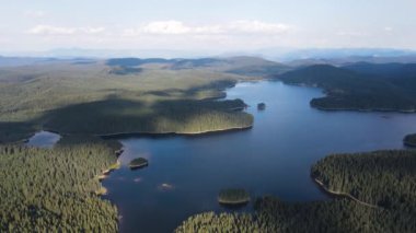 Aerial Summer view of Shiroka polyana (Wide meadow) Reservoir, Pazardzhik Region, Bulgaria