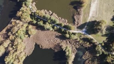 Pancharevo Gölü 'nün havadan sonbahar manzarası, Sofya şehir bölgesi, Bulgaristan