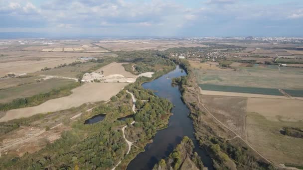 Αεροφωτογραφία Του Ποταμού Μαρίτσα Κοντά Στο Χωριό Οριζάρι Περιοχή Πλόβντιβ — Αρχείο Βίντεο