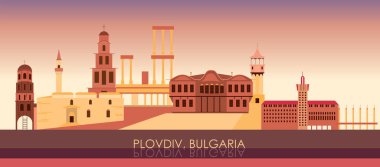 Bulgaristan 'ın Filibe kentinin Sunset Skyline panoraması - vektör illüstrasyonu