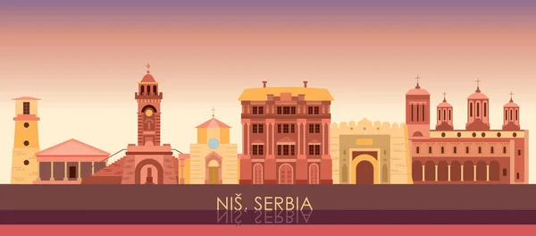 セルビア ニス市の日没スカイラインパノラマ ベクトル図 — ストックベクタ
