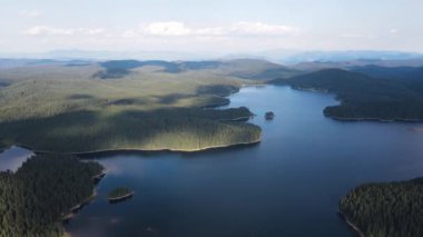 Aerial Summer view of Shiroka polyana (Wide meadow) Reservoir, Pazardzhik Region, Bulgaria