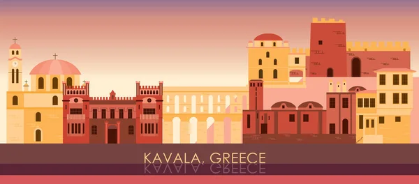 ギリシャのカバラの街の日没スカイラインパノラマ ベクトル図 — ストックベクタ