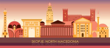 Üsküp, Kuzey Makedonya 'nın Sunset Skyline panoraması - vektör illüstrasyonu