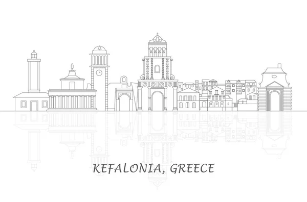 概要ケファロニア島 イオニア諸島 ギリシャのスカイラインパノラマ ベクトル図 — ストックベクタ