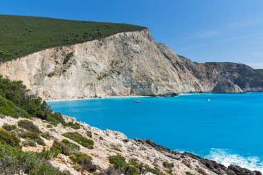 Lefkada, İyon Adaları, Yunanistan 'ın kıyı şeridinin inanılmaz panoramik manzarası