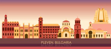 Bulgaristan 'ın Pleven kentinin Sunset Skyline panoraması - vektör illüstrasyonu