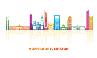 Monterrey, Meksika 'nın renkli Skyline panoraması - vektör illüstrasyonu