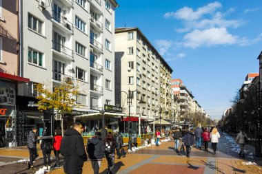 SOFYA, BULGARIA - 2 Aralık 2021: Bulgaristan 'ın Ulusal Kültür Sarayı çevresindeki Sofya Şehri' nin şaşırtıcı kış manzarası